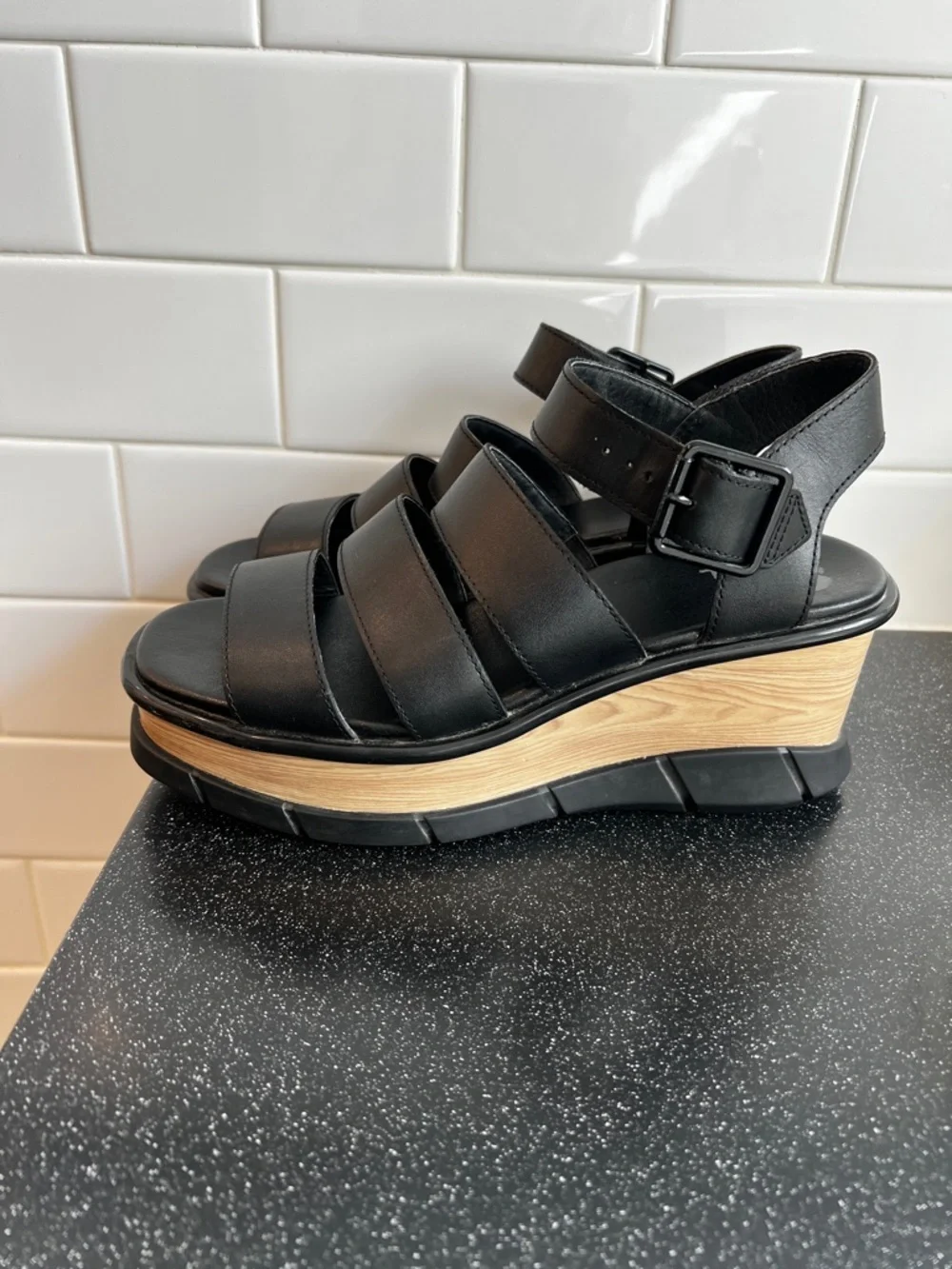 Sorel Black Strappy Wedge Sandals - Picture 3 of 9